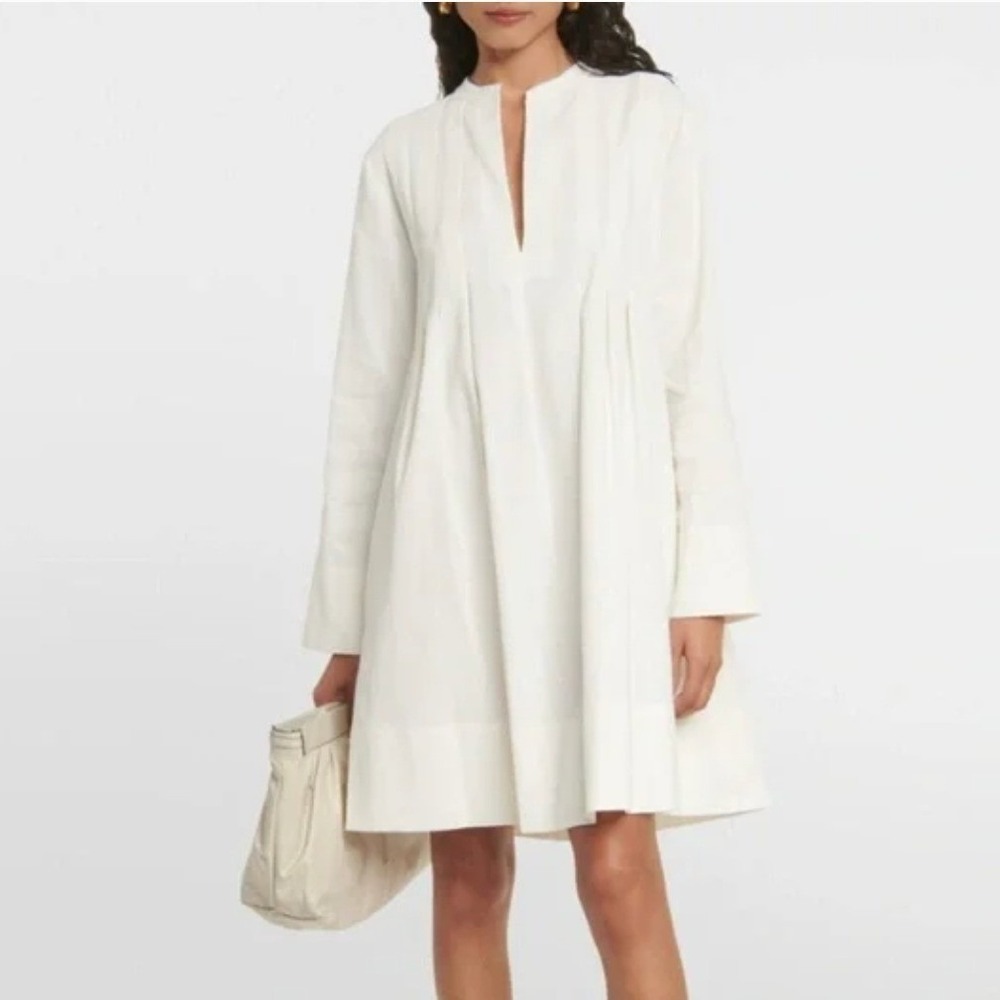 Vince Linen Blend Pleated Trapeze Tunic‎ Dress 2 Ivory Long Sleeve Tailored